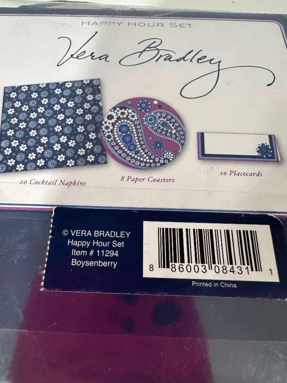 NWT Vera Bradley Boysenberry Happy Hour Set NIP Cocktail Napkins Coasters Cards